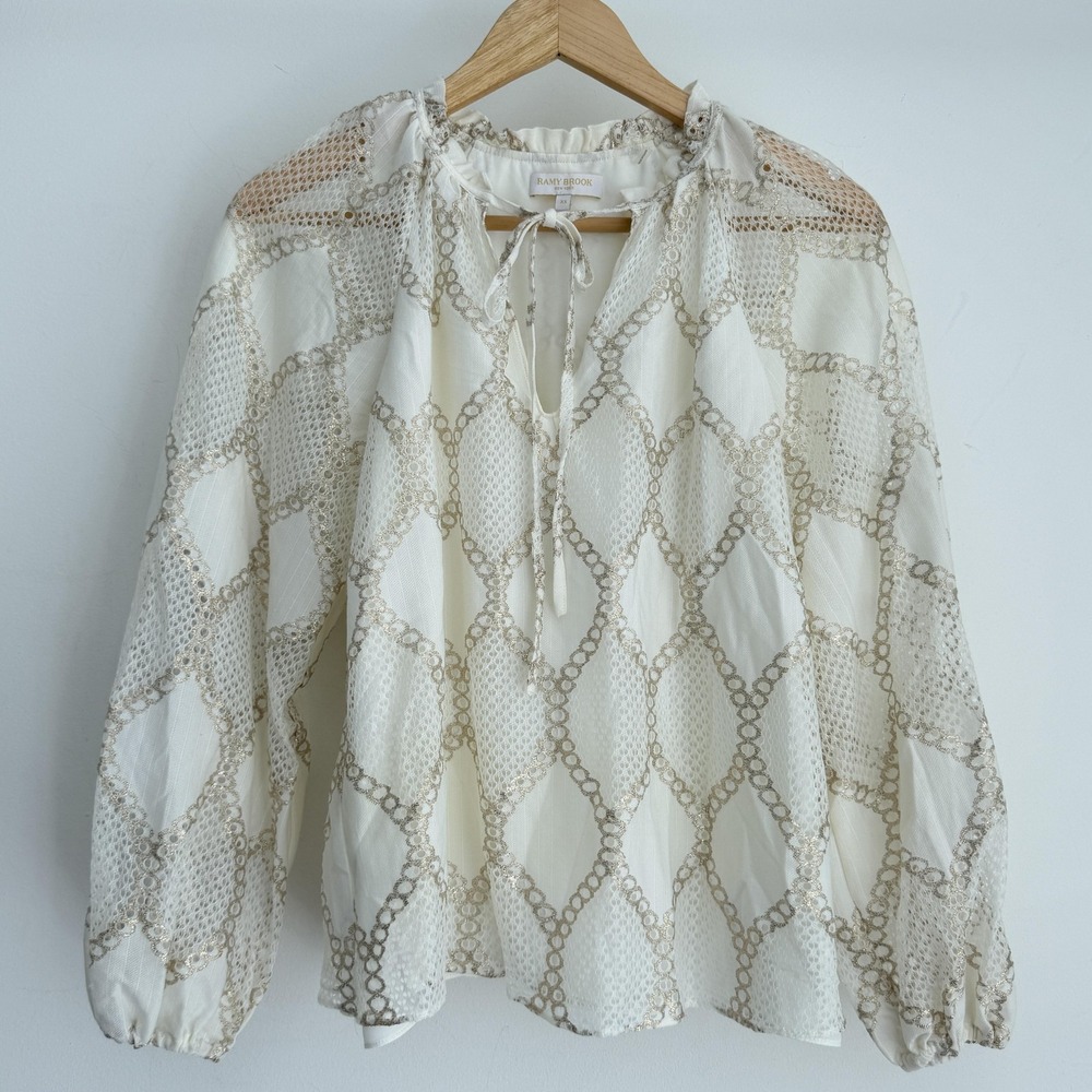 Ramy Brook Blouse XS Gold Cream Lace Metallic Chain Embroidered Tunic Ria Lurex